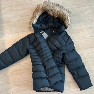 Kids Black Puffer Jacket with Faux Fur Hood
